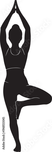 Person performing tree pose yoga with arms raised in an upward prayer position