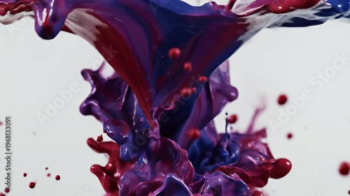 Dynamic explosion of red and blue liquid splashes against a white backdrop