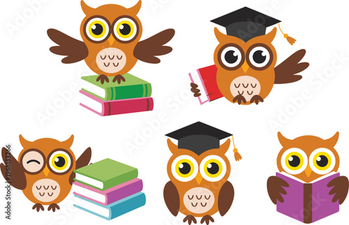 Cute cartoon owl character collection reading books and wearing graduation cap, education mascot set for school learning, academic illustration for kids study concept