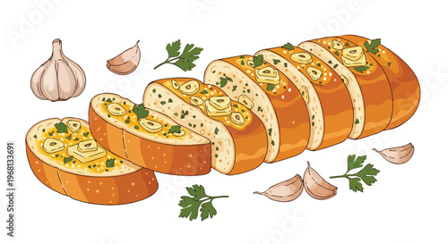 Deliciously prepared garlic bread slices with fresh herbs and whole garlic bulb an appetizing culinary illustration