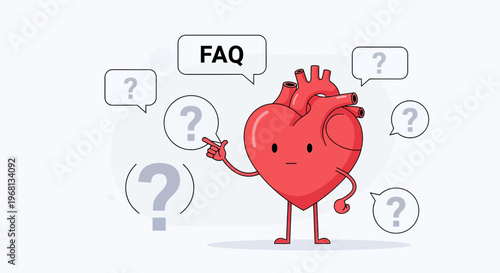 FAQ Heart Character with Question Marks and Speech Bubble