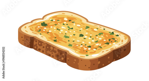 Flavorful golden toasted bread slice adorned with aromatic garlic butter and fresh green herbs perfect for a delicious snack or meal accompaniment