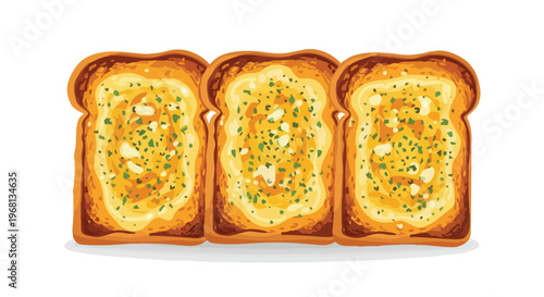 Three golden-brown garlic bread slices, an inviting illustration showcasing savory butter and green herbs