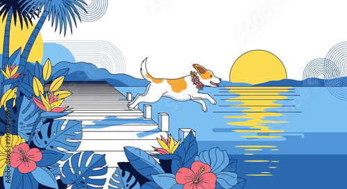 Energetic Dog Jumps into Tropical Ocean at Sunrise with Palm Trees