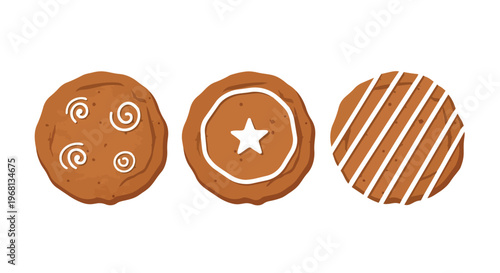 A delightful trio of freshly baked holiday cookies adorned with unique white icing designs for festive cheer