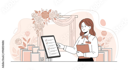 Event Planner Woman With Checklist Tablet Organizes Wedding Ceremony Decorated With Flowers