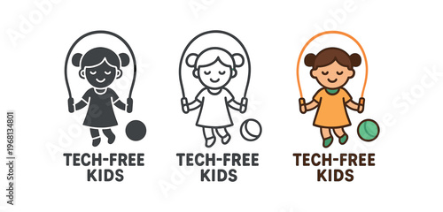 Girl skipping rope icon set. tech-free kids, play, jump rope, child, healthy activity, outdoor play, ball, childhood, family. line, flat and colored vector icon set.