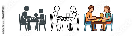 Family playing board game icon set. parents and children at table, family leisure, game night, interaction, bonding. line, flat and colored vector icon set.