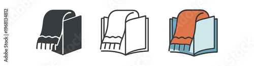 Cozy blanket on book icon set. blanket, book, reading, comfort, introvert lifestyle, relaxation, hygge, rest. line, flat and colored vector icon set.