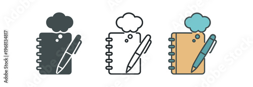 Journaling notebook icon set. journal, diary, pen, thought bubble, writing, therapy, mental health, coping, self care. line, flat and colored vector icon set.