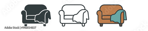 Sofa icon set. couch, armchair, loveseat, blanket, throw, living room furniture, seating, home comfort, interior decor. line, flat and colored vector icon set.
