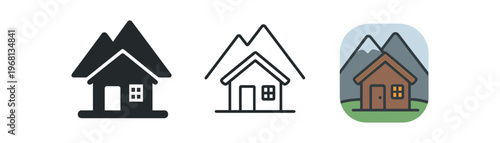 House with mountains icon set. house, cabin, cottage, mountain, retreat, nature, landscape, countryside, travel, holiday. line, flat and colored vector icon set.