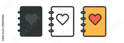 Gratitude journal icon set. notebook, diary, planner, heart, gratitude, self care, mindfulness, wellness, personal journal. line, flat and colored vector icon set.