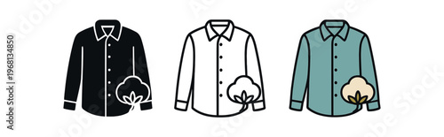 Shirt icon set. slow fashion, sustainable clothing, eco apparel, cotton, ethical garment, textile, wardrobe care. line, flat and colored vector icon set.