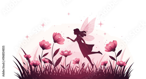 Fairy Reaching Pink Flowers in Meadow, Magical Fantasy Illustration