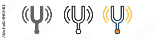 Tuning fork icon set. sound healing, vibration therapy, frequency, wellness, resonance, meditation. outline flat and colored vector illustration.