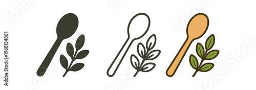 Spoon with herb icon set. cooking spoon, herb sprig, mindful cooking, natural ingredients, healthy food, kitchen. line, flat and colored vector icon set.