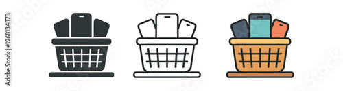 Basket of phones icon set. phone disposal, unplug, digital detox, recycle electronics, collection of devices. line, flat and colored vector icon set.