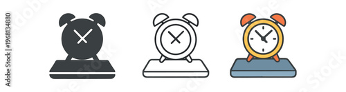 Alarm clock muted icon set. alarm off, disable alarm, no ringing, sleep, snooze, wake time crossed out. line, flat and colored vector icon set.
