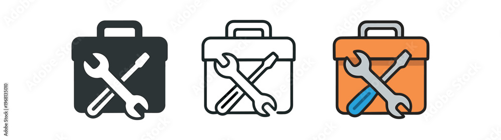 Obraz premium Repair toolbox icon set. toolbox, wrench, screwdriver, maintenance, tools, service, fix. line, flat and colored vector icon set.