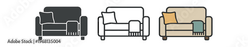 Sofa couch icon set. couch, loveseat, living room, furniture, seating, home, interior, relaxation, comfort, therapy. line, flat and colored vector icon set.