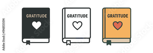 Gratitude journal icon set. gratitude, journal, diary, notebook, heart, practice, mindfulness, self care. outline flat and colored vector illustration.