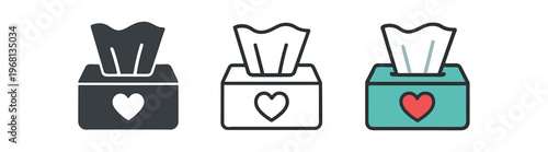 Tissue box with heart icon set. kleenex, tissues, sympathy, cold and allergy care, comfort, caring gesture. line, flat and colored vector icon set.