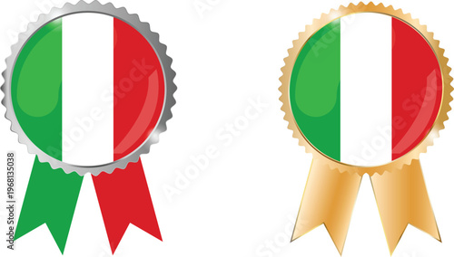 Two award rosette badges with Italy flag colors green white red tricolor, silver and gold ribbons, vector illustration concept for national events, celebrations and patriotic graphics