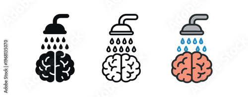 Brain under shower icon set. mental cleanse, emotional hygiene, therapy, wash thoughts, refresh mind, self care. line, flat and colored vector icon set.