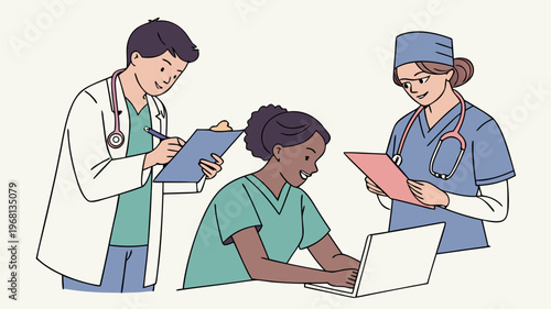 Healthcare professionals collaborating on patient care with medical equipment and digital technology