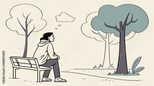 A person sits on a park bench and contemplates the surrounding trees and a distant cloud, reflecting on nature and solitude