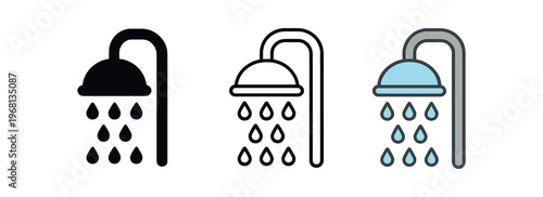 Shower icon set. showerhead, water drops, bathroom, hygiene, bath, cleansing, rinse, spa, plumbing. line, flat and colored vector icon set.