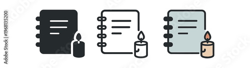 Notebook and candle icon set. journal, diary, ritual, meditation, writing, self care, spirituality, reflection, calm. line, flat and colored vector icon set.