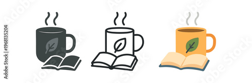 Steaming mug and open book icon set. tea, coffee, reading, relaxation, unwind, cozy evening, hot beverage, literature, wind down. line, flat and colored vector icon set.