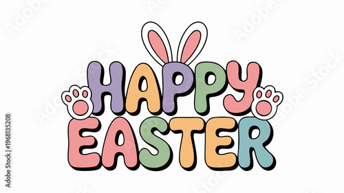Happy Easter Greeting with Cute Bunny Ears and Paw Prints
