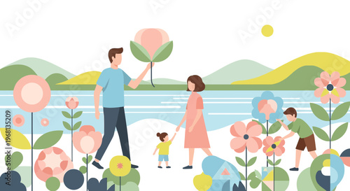 Family Enjoying Nature and Flowers in a Garden