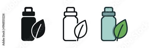 Reusable bottle icon set. water bottle, flask, thermos, eco bottle, sustainable drinking, zero waste, hydration. line, flat and colored vector icon set.
