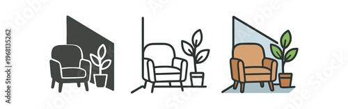 Armchair corner icon set. lounge chair, seating, cozy corner, plant, living room, relaxation, interior decor. line, flat and colored vector icon set.