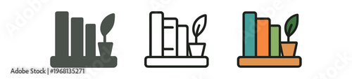 Bookshelf with plant icon set. books, shelf, potted plant, office decor, reading nook, study, organization. line, flat and colored vector icon set.