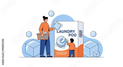 Family Laundry Pods Box with Basket, Child and Bubbles