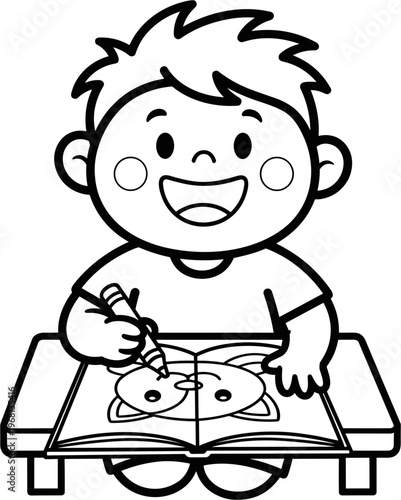 Boy coloring book smiling happy child.