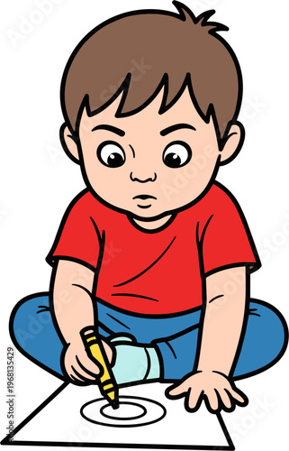 Boy drawing on white paper.