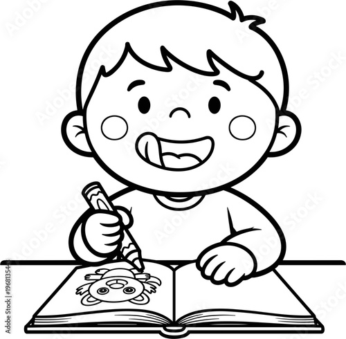 Boy drawing with a pencil book.