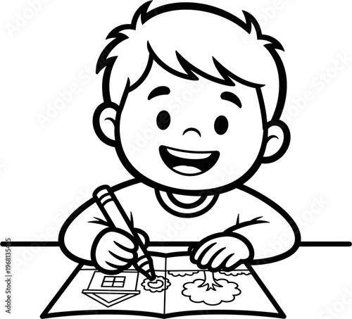 Boy drawing with a pencil.