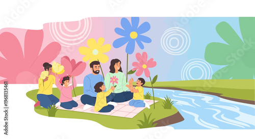 Family Picnic with Giant Flowers, Springtime Joy, Outdoor Nature Scene