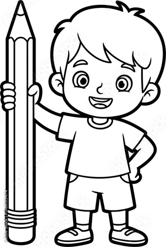 Boy holding a giant pencil standing.