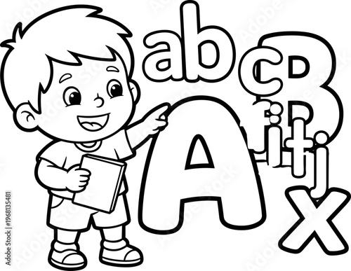 Boy holding a chalkboard alphabet.
