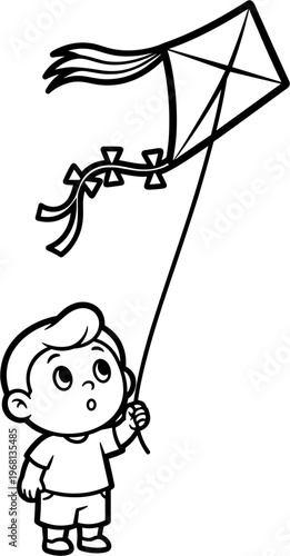 Boy holding a flying kite high.
