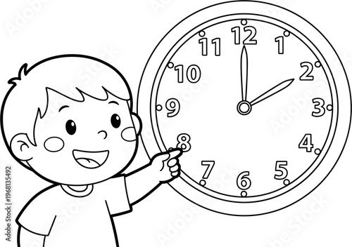 Boy holding a large clock face.