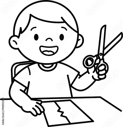 Boy holding scissors and cutting paper.